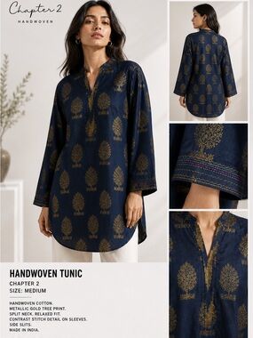 Chapter 2 Handwoven Tunic – Indigo with Gold Zari Tree Motifs‎ size M